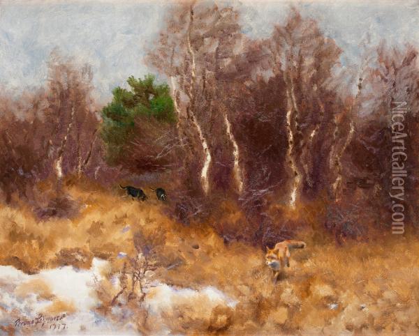 Forest Landscape With Fox And Hounds Oil Painting - Bruno Andreas Liljefors