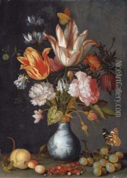 Tulips, A Rose, A Carnation, 
Cyclamen, Snake's Head Fritillary,double Columbine, Rosebuds And 
Marigolds In A Blue And Whitegilt-mounted Porcelain Vase, With A Painted
 Lady Butterfly, Alizard, Grapes, Cherries, Plums And Redcurrants On A 
Ledge Oil Painting - Balthasar Van Der Ast