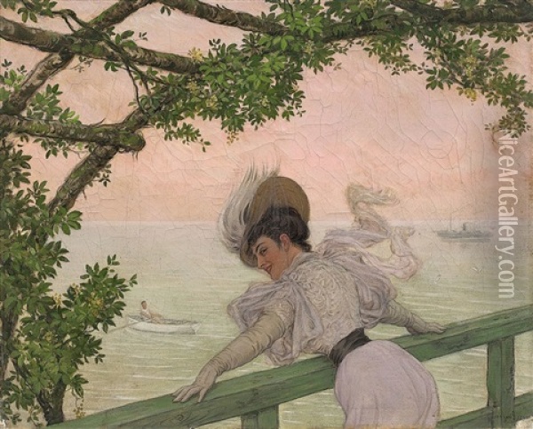 Elegante Dame Auf Einem Balkon Am Meer Oil Painting - Jan van Beers