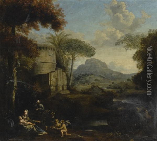 Landscape With The Rest On The Flight Into Egypt Oil Painting - Pier Francesco Mola