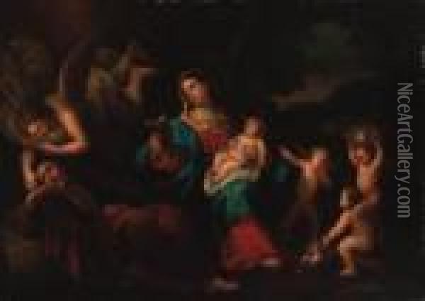 The Holy Family With An Angel And Putti In A Landscape Oil Painting - Guido Reni