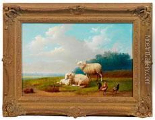 Schaffamilie Mit Huhnerpaar Auf Der Sommerlichen Weide Oil Painting - Eugene Joseph Verboeckhoven