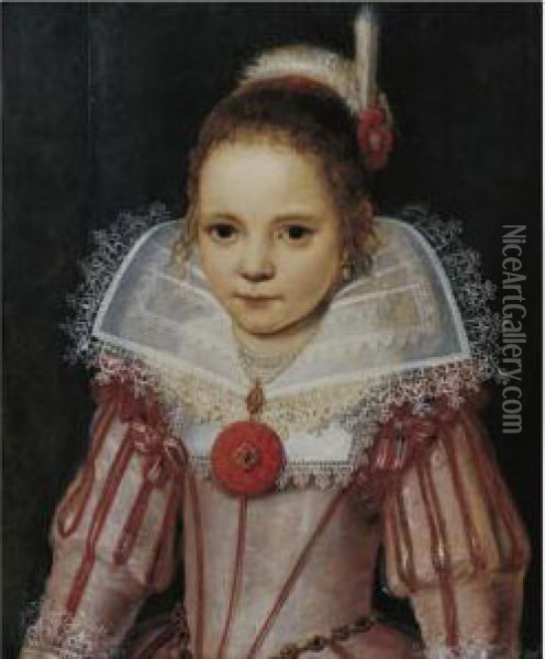Portrait Of A Young Girl In A Pink Dress With Red Trim Oil Painting - Cornelis De Vos