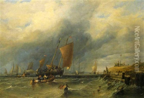 Sailing Vessels Off The Coast In The Stormy Seas Oil Painting - Joseph Stannard