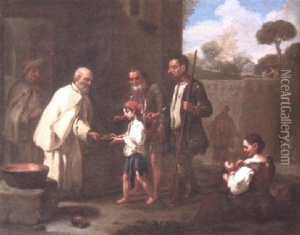 Beggars Receiving Alms From Friars Oil Painting - Antonio Mercurio Amorosi