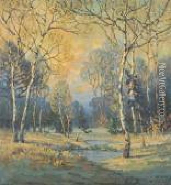 American, - Landscape With Birchtrees Oil Painting - Walter Koeniger