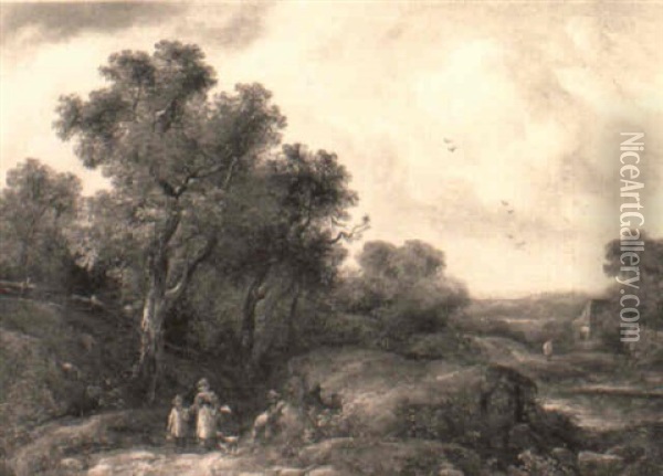 A Wooded Landscape With Figures And A Dog On A Path Oil Painting - Richard H. Hilder