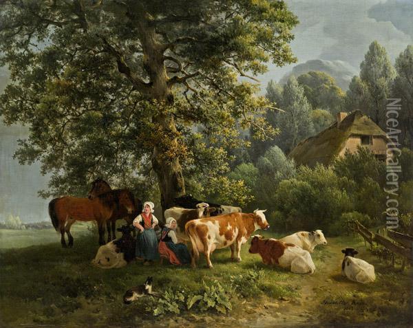 Ponies Und Kuhe Mit Zwei Bauerinnen Oil Painting - Henriette Ronner-Knip