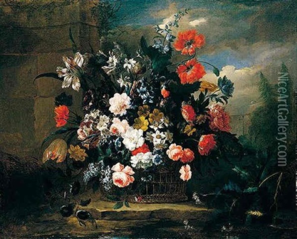 A Still Life Of Various Flowers In A Basket, Resting Before Architecture And A Woodland Setting Oil Painting - Jean-Baptiste Monnoyer