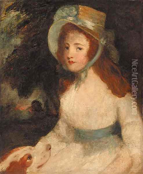 Portrait of a lady, three-quarter-length, in a white dress and bonnet, a dog at her side, in a landscape Oil Painting - John Hoppner