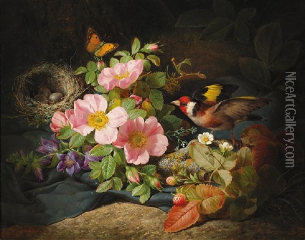 Blumenstuck Mit Stieglitz Und Vogelnest Oil Painting - Josef Lauer