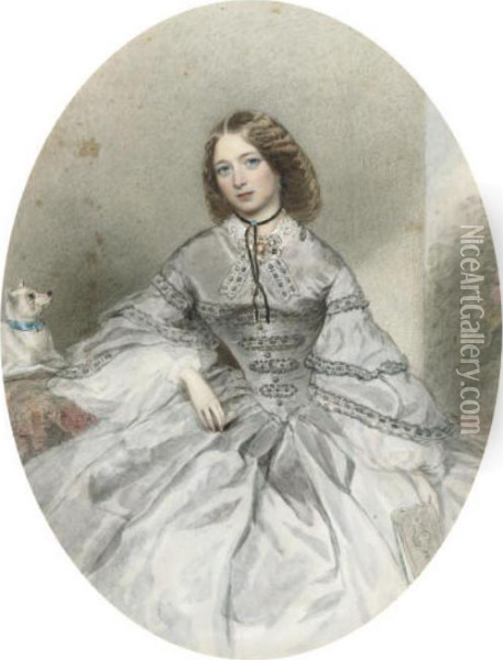 Portrait Of A Lady, 
Three-quarter-length, Seated, In Black Dress, Her Dog At Her Side 
(illustrated); And Portrait Of A Lady, Three-quarter-length, Seated, In 
White Dress, In An Interior Oil Painting - George Richmond