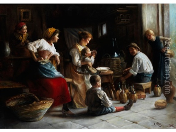 Die Erste Weinprobe Oil Painting - Alessandro Milesi