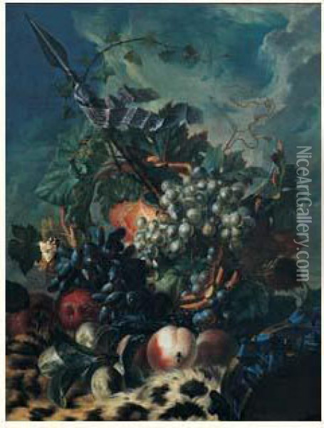 Nature Morte De Raisins, Peches Et Prunes Pres D'un Tambourin
 Disposes Sur Une Peau De Panthere Oil Painting - Georgius Jacobus J. Van Os