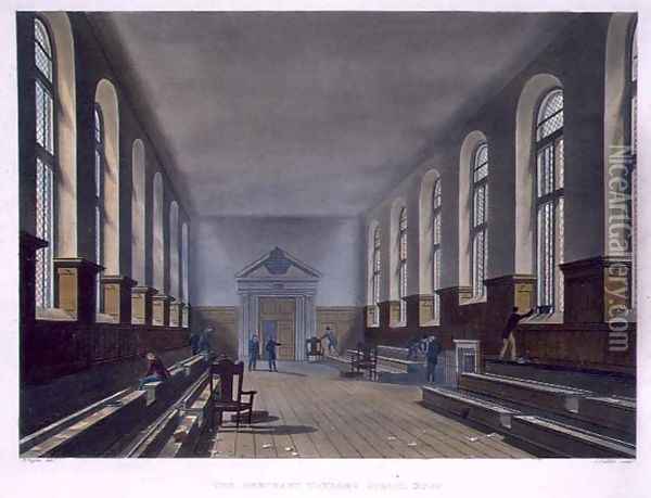 The Merchant Taylors School Room, from History of Merchant Taylors School, part of History of the Colleges, engraved by Joseph Constantine Stadler fl.1780-1812 pub. by R. Ackermann, 1816 Oil Painting - Augustus Charles Pugin