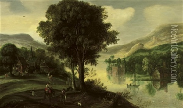 A Wooded River Landscape With Peasants On A Track And Hunters In A Boat, A Village And Castle Beyond Oil Painting - Joos de Momper the Younger