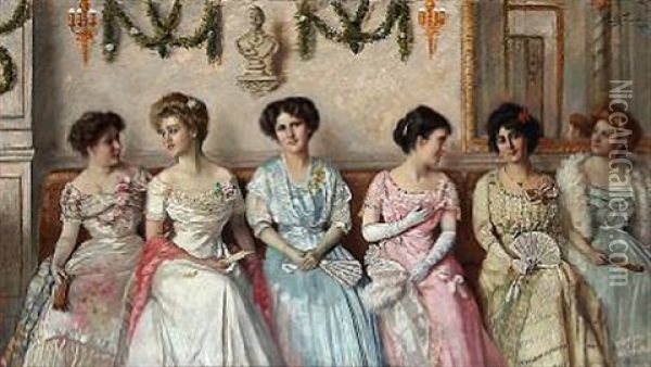 Ladies To A Dance Ball, On The Wall A Bust Of Emperor Wilhelm Ii Germany Oil Painting - Paul Spangenberg