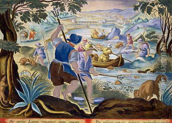Fishing with Tridents, plate 90 from Venationes Ferarum, Avium, Piscium Of Hunting Wild Beasts, Birds, Fish engraved by Jan Collaert 1566-1628 published by Phillipus Gallaeus of Amsterdam Oil Painting - Giovanni Stradano