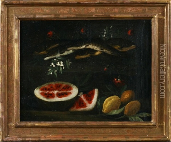 Stilleben Mit Fischen, Melone Und Zitronen Zwischen Blumen Oil Painting - Cristoforo Munari