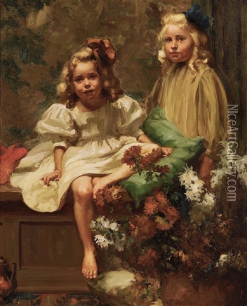 A Portrait Of The Artist's Daughters Oil Painting - Jean Mannheim