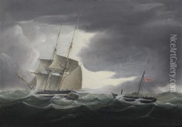 Sailing Ship Taking A Stricken Ship Under Tow Oil Painting - Thomas Wright