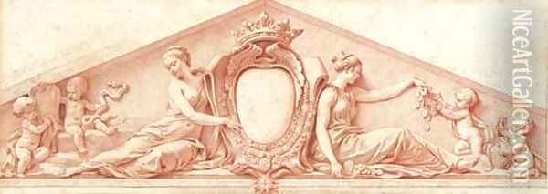 A study for a pediment A coat-of-arms with the order of the Holy Spirit, and allegories of Prudence and Liberality Oil Painting - Jacques-Augustin Pajou