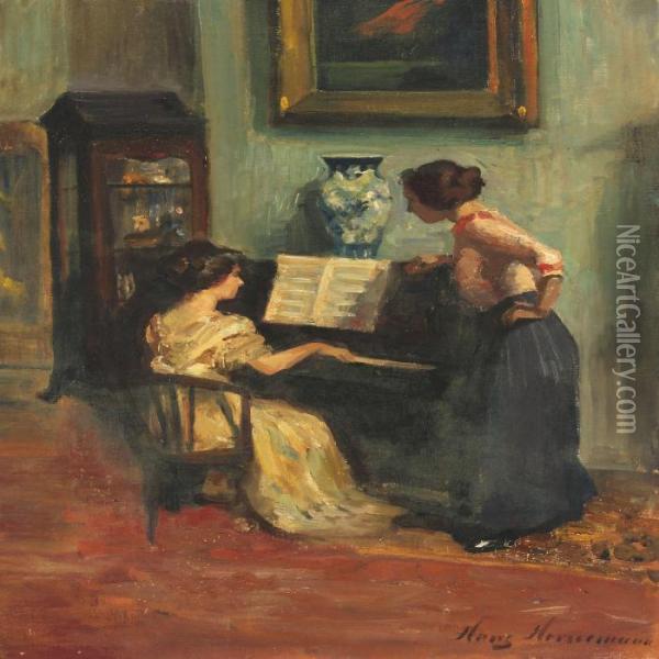 Interior With Two Ladies At A Piano Oil Painting - Hans Adolf Horner