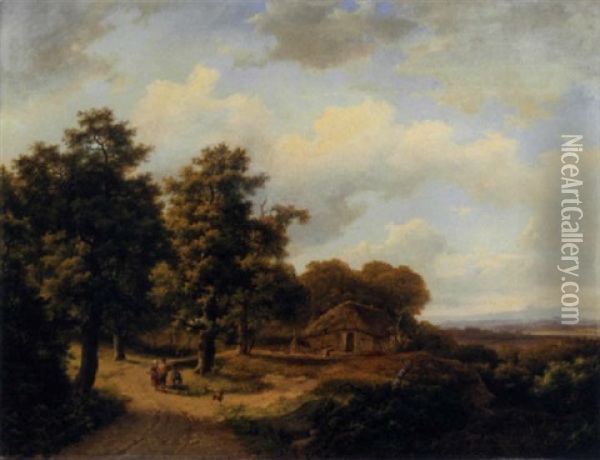 A Wooded Landscape With Peasants On A Country Road Oil Painting - Marinus Adrianus Koekkoek