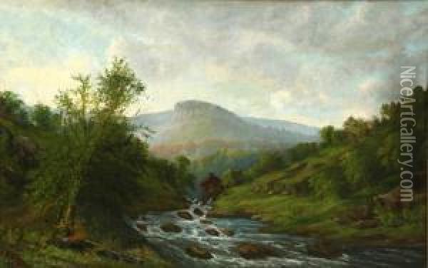 Mountainous River Landscape With Mill Oil Painting - Benjamin Franklin Tryon