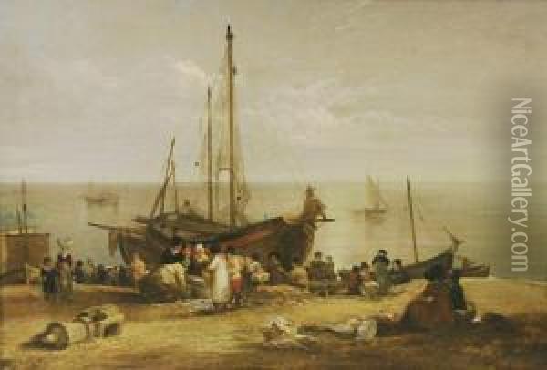 Fishmarket With Figures And Vessels On The Beach Oil Painting - Alfred Priest