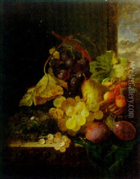 Grapes, Pear And Other Fruit, And A Nest With Two Eggs On A Wooden Ledge Oil Painting - Edward Ladell