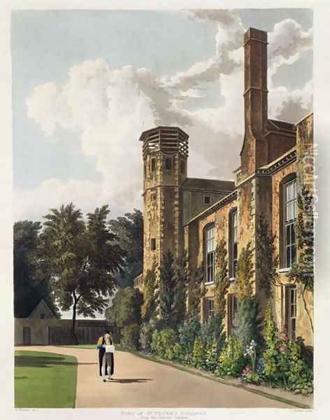 Part of St. Peters College (Peterhouse) from the Private Garden, Cambridge, from 'The History of Cambridge', engraved by Joseph Constantine Stadler (fl.1780-1812), pub. by R. Ackermann, 1815 Oil Painting - William Westall