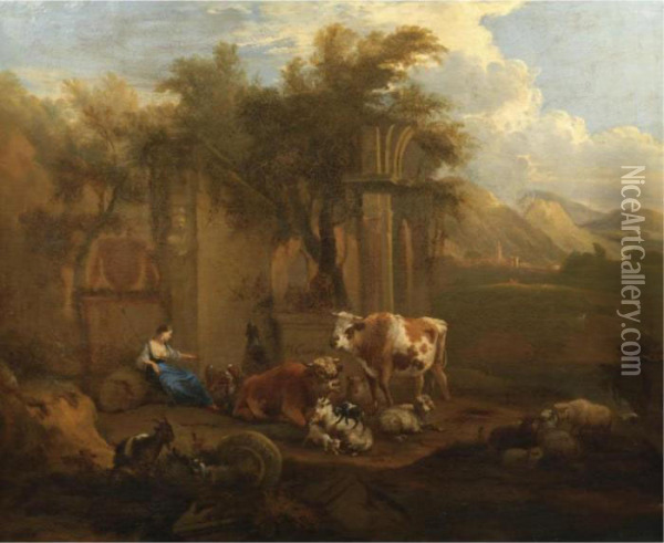 An Italianate Landscape With Drovers And Their Animals Resting Before Classical Ruins Oil Painting - Michiel Carre