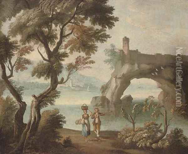 A Mediterranean coastal inlet with travellers in the foreground and a fortification beyond Oil Painting - Giuseppe Zais
