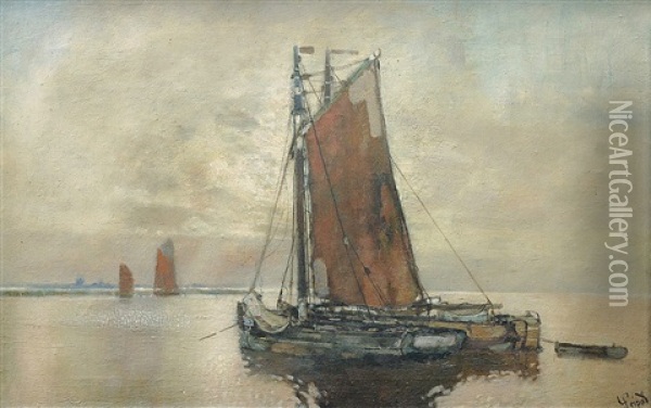 Fischerboote Auf Der Niederelbe Im Taghellen Vollmondschein Oil Painting - Karl Leipold