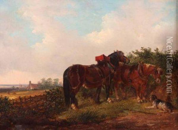 Two Workhorsesand Dog In A Suffolk Landscape Oil Painting - Thomas Smythe