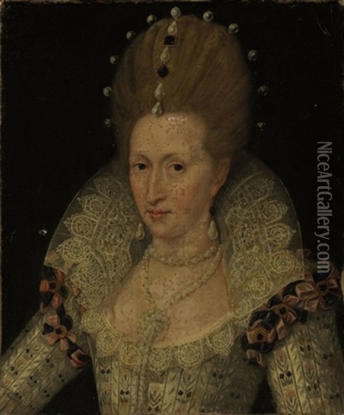 Portrait Of Queen Anne Of Denmark Oil Painting - John Decritz the Elder