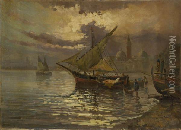Fischerboote In Der Lagune. Oil Painting - Bartolomeo Bezzi