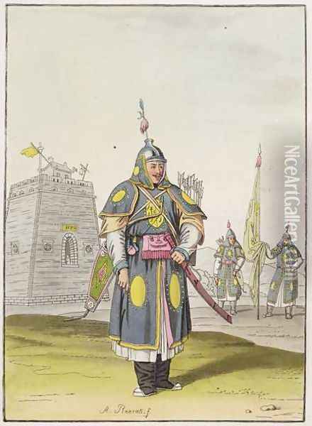 Chinese soldier in full battle dress, illustration from Le Costume Ancien et Moderne by Giulio Ferrario, published c.1820s-30s Oil Painting - Antonio Rancati