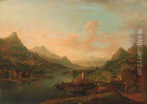 An extensive Rhenish landscape, with boats moored by a jetty Oil Painting - Christian Georg Schuttz II