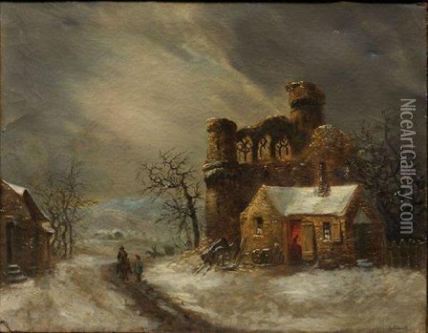 Un Chateau En Ruine Sous La Neige Oil Painting - Louis-Claude Mallebranche