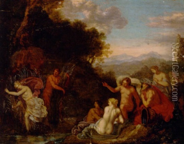 Diana And Her Nymphs Surprised By Satyrs Oil Painting - Cornelis Van Poelenburgh