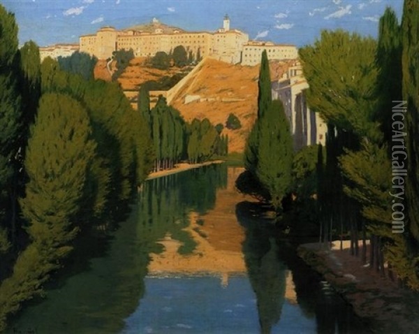 Una Vista Del Rio Jucar, Cuenca (view Along The River Jucar, Cuenca) Oil Painting - Santiago Rusinol