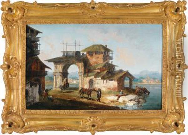 Capriccio Mit Reitern Voreinem Haus Mit Antikem Torbogen In Einer Flusslandschaft Oil Painting - Michele Marieschi