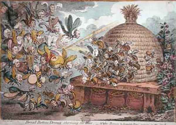 Broad Bottom Drones storming the Hive Wasps Hornets and Bumble Bees joining in the Attack Oil Painting - James Gillray