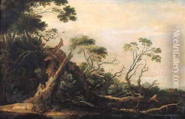 Stags and rabbits at the foot of a blasted tree in a landscape Oil Painting - Gillis Claesz. De Hondecoeter