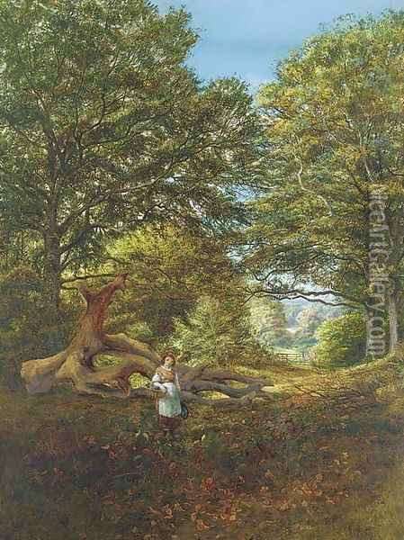 A young girl by a fallen oak in a woodland clearing Oil Painting - Edmund George Warren