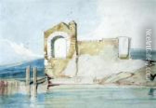 Ruins By A Lake Gerald Norman Gallery Label Verso Oil Painting - John Sell Cotman