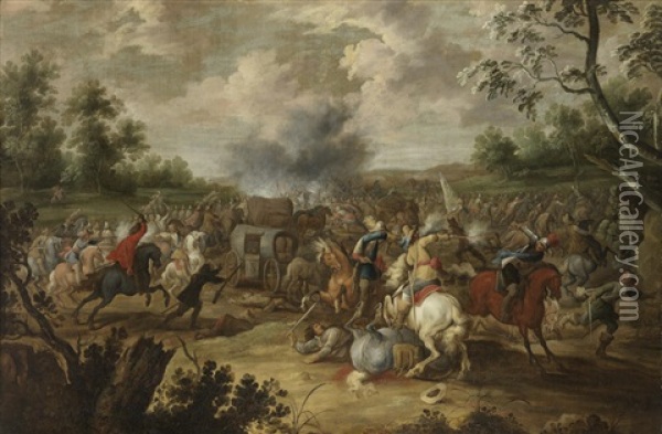 Bandits Attacking A Wagon Convoy Oil Painting - Pieter Meulener