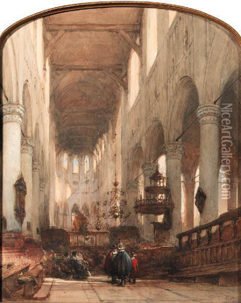 Worshippers In The Central Aisle Of The Pieterskerk, Leyden Oil Painting - Johannes Bosboom